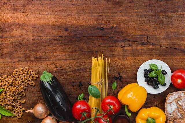 Ingredients for food, spagetti, tomatoes, pepers